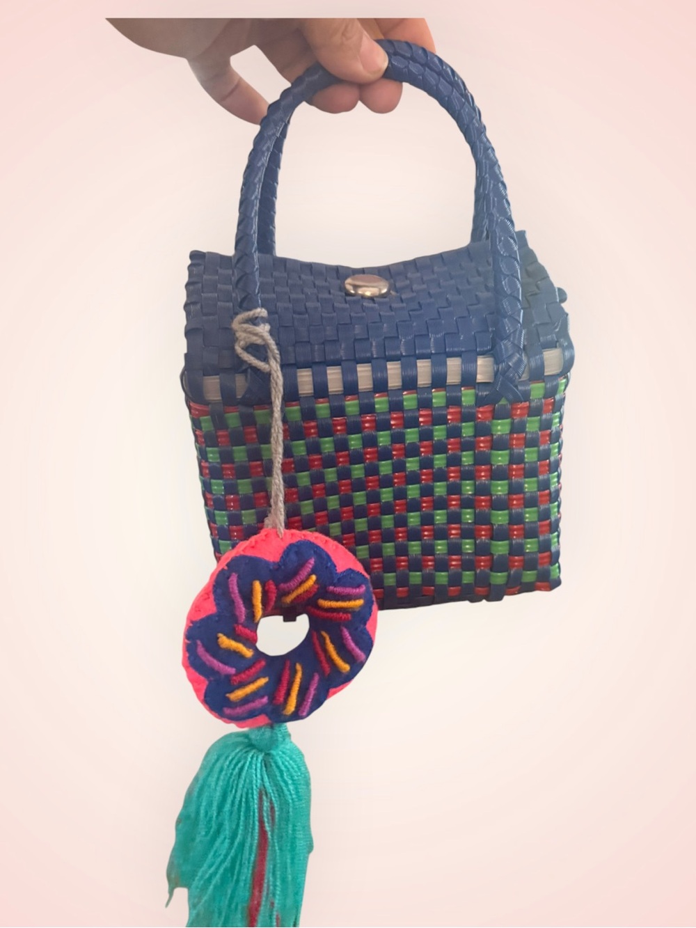 70’s Navy Woven mini Purse with Multicolor Accent and Tassel